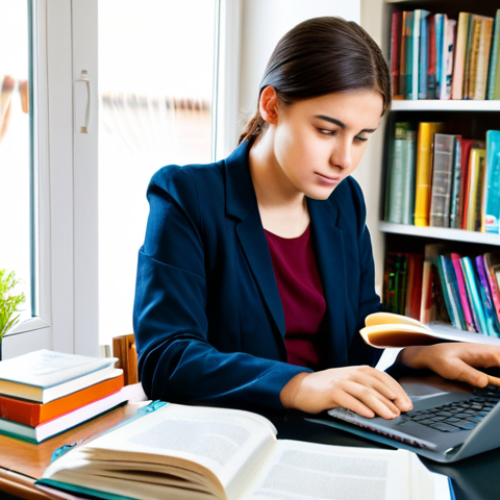 Home 7 Self-Directed Learning Concept**
"A young adult, fully clothed in modest attire, studying at a desk overflowing with books and a laptop, in a bright and organized home study environment. Focus on the dedication and effort in their eyes. Safe for work, appropriate content, perfect anatomy, natural proportions, well-formed hands, proper finger count, family-friendly, professional."
**