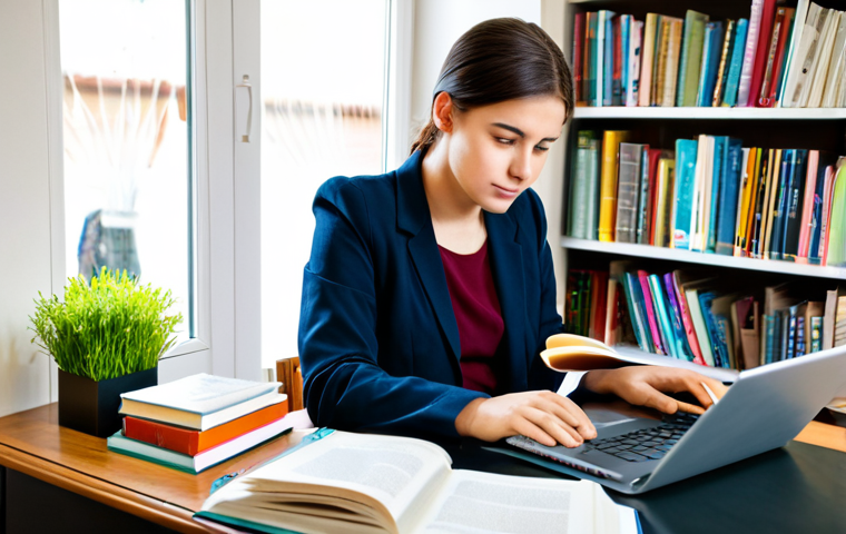 Self-Directed Learning Concept**
"A young adult, fully clothed in modest attire, studying at a desk overflowing with books and a laptop, in a bright and organized home study environment. Focus on the dedication and effort in their eyes. Safe for work, appropriate content, perfect anatomy, natural proportions, well-formed hands, proper finger count, family-friendly, professional."
**