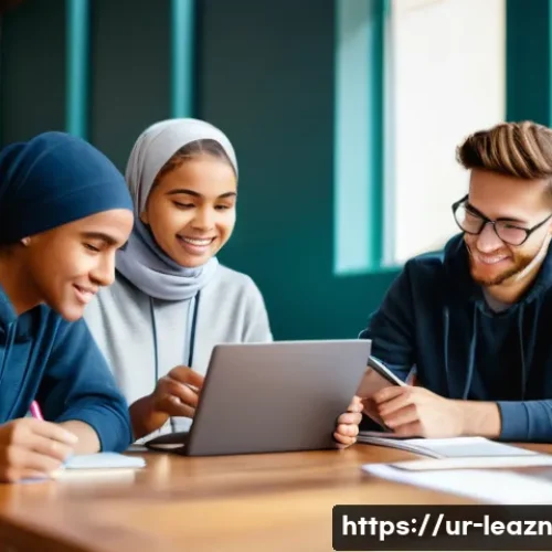 Home 26 자기 주도 학습의 실천을 위한 커뮤니티 참여 - A diverse group of five young adults (ages 16-22, modestly and casually dressed in everyday attire, ...