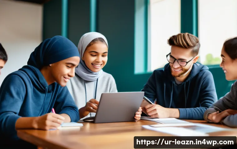 자기 주도 학습의 실천을 위한 커뮤니티 참여 - A diverse group of five young adults (ages 16-22, modestly and casually dressed in everyday attire, ...