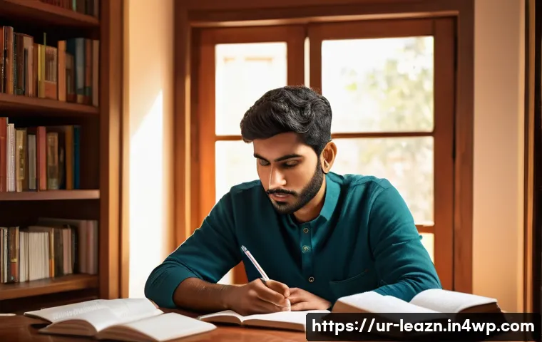 자기 주도 학습에서의 비판적 사고 개발 - A thoughtful young South Asian man sitting at a wooden desk in a cozy, traditional home study room, ...