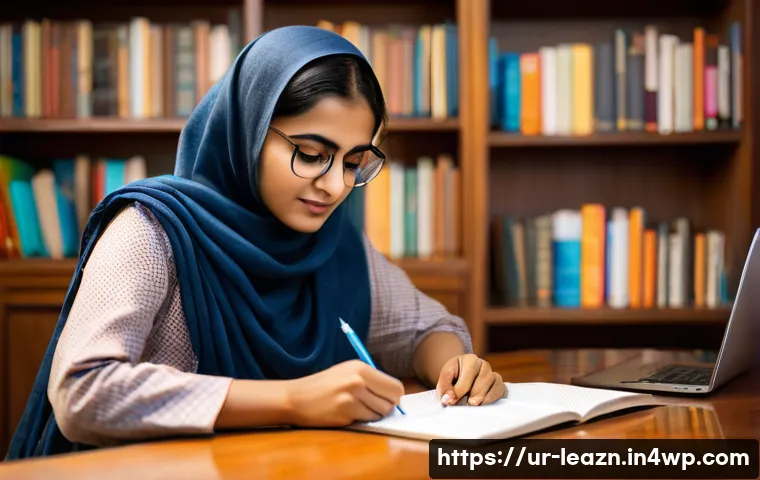 자기 주도 학습의 윤리적 고려사항 - A thoughtful young South Asian woman sitting at a wooden desk in a warmly lit room, surrounded by Ur...