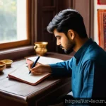 Home 22 자기 주도 학습을 위한 성찰 일기 작성법 - A cozy study environment in a traditional Urdu-speaking home, featuring a young adult male student s...