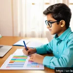 Home 20 자기 주도 학습을 위한 데이터 기반 접근법 - A modern Urdu-speaking student sitting at a desk in a cozy, well-lit home study room, surrounded by ...